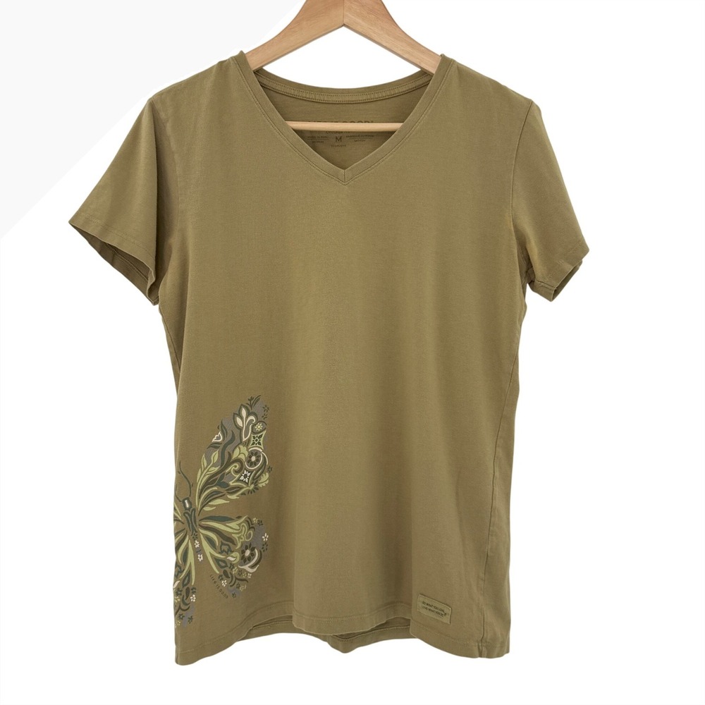 Life Is Good Womens Medium Crusher Tee‎ V Neck Butterfly Graphic Khaki Casual